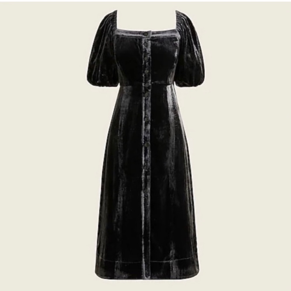 J. Crew Puff Sleeve Velvet Button Front Midi Dress - Black